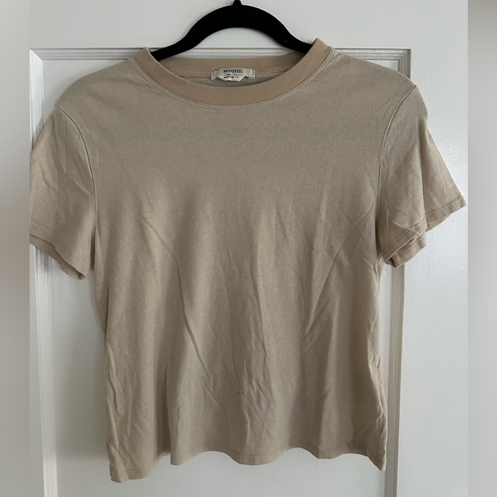 womn. Light Beige Crew Neck Short Sleeve Fitted Tee
